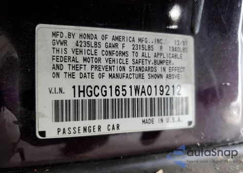 1998 Honda Accord Ex из США, поврежденный, VIN 1HGCG1651WA019212